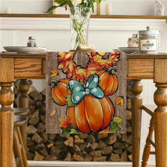 Fall Table Runner 13x72 Pumpkin Farmhouse Thanksgiving Autumn Kitchen Table Deco - Picture 4 of 6